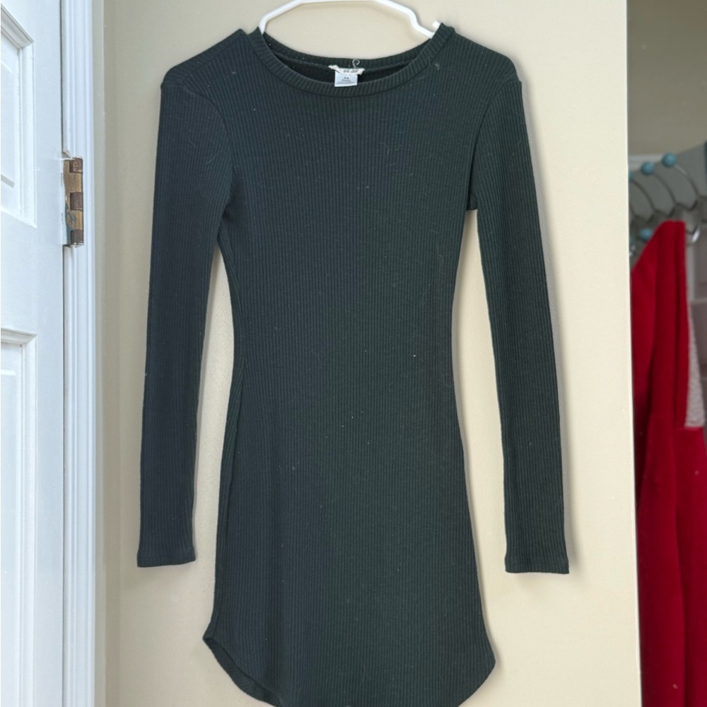 Dark Green Ribbed Long Sleeve Dress